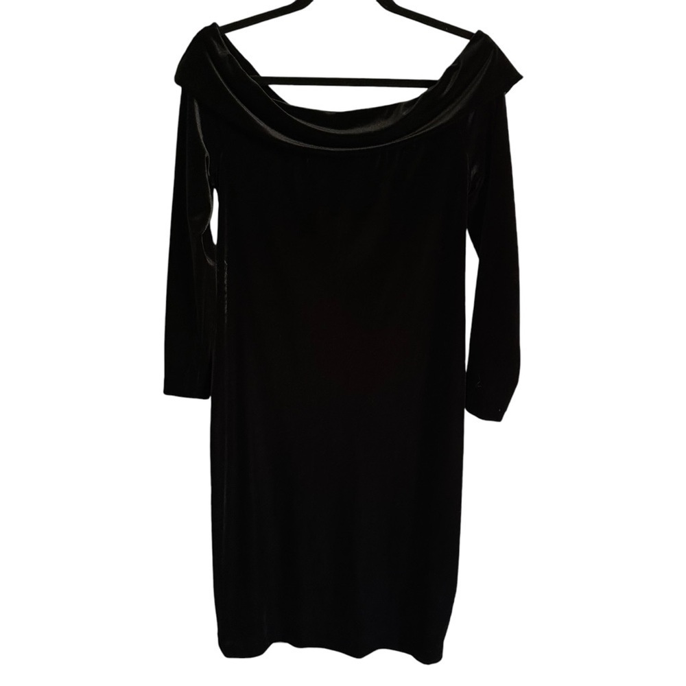 Calvin Klein Womens 12 Black Stretch Velvet Dress Off Shoulder Holiday Christmas